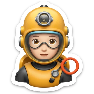 3D cartoon-style human character in the Apple emoji style, wearing a diving helmet with glass visor sticker