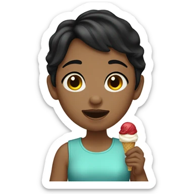 A short-haired girl with black hair eats ice cream sticker