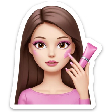 Barbie girl a brown long Straight hair and brown eyes is In pale pink smears by hand cosmetic cream Dior on her face sticker