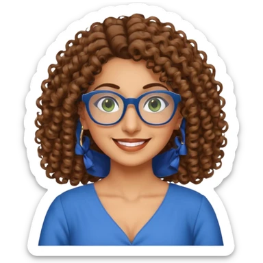 40 yr old Iranian woman, light brown very curly thick hair, shoulder length hair, green eyes, tan skin, big smile, big glasses, with pretty blue dress sticker
