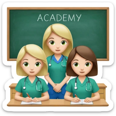 3 different nurses, wearing green and blue work clothes, in a classroom, "Academy" written in white on board sticker