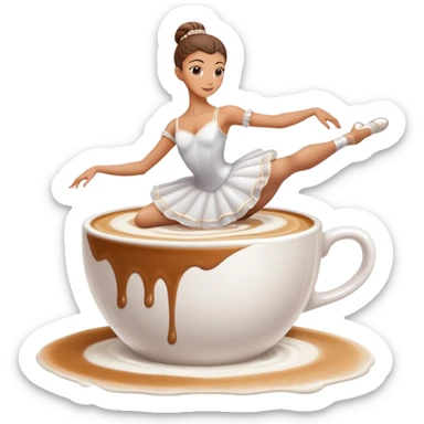 Ballerina dancer emerging from cappuccino foam, graceful pose, coffee cup sticker