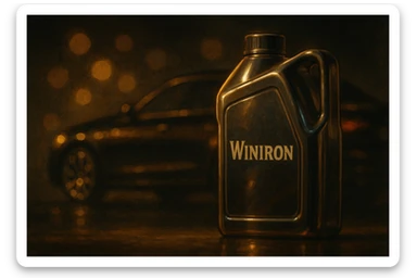 a premium dark moody automotive scene. A Winiron motor oil container stands in the foreground, illuminated by soft golden rim light. Background is a luxury car silhouette with warm reflections, blurred bokeh lights, and deep shadows. Add subtle metallic shine, glossy highlights on the container. Composition should feel cinematic, expensive, and powerful. No text, no distortions, keep the Winiron logo original. sticker