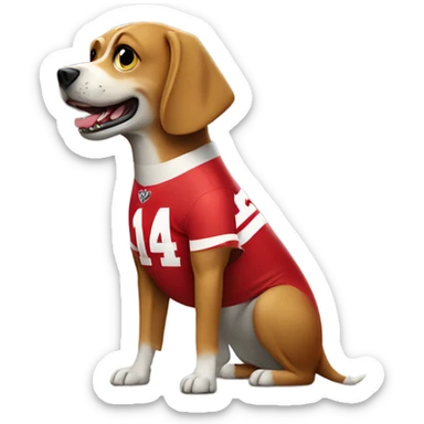 Dog with a shark fin on his back wearing Nebraska Cornhusker jersey  sticker