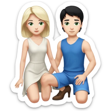 prince, upright, black Hair, blue eyes, garment, and woman, bending knee, sleveless white dress, blonde hair, green eyes, sticker