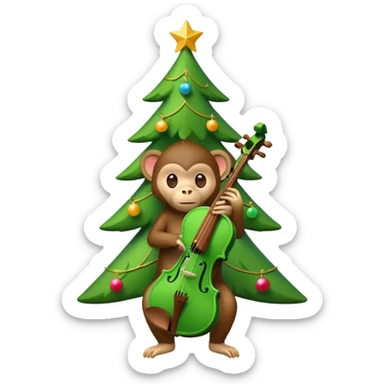 A cute, minimal emoji-style Christmas tree with a bright green triangular shape decorated and a small playful monkey with a violin sticker