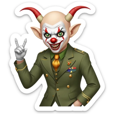 evil clown, bald, short goat horns on forehead, fangs, pointed ears, black and military green leisure suit, battle-ready fighting posture sticker