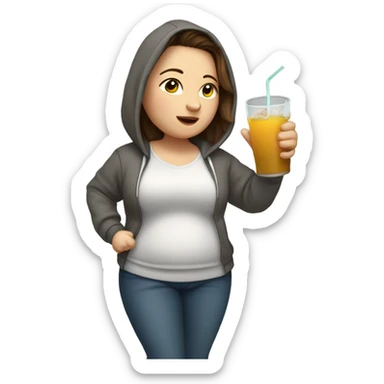 Chubby pale Woman with long brown hair dancing with drink with eyes closed wearing pants and hoodie sticker
