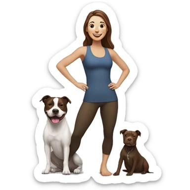 white woman with long dark brown hair expressing joy dressed in a yoga outfit alongside a pitbull dog sticker