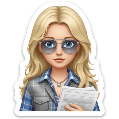 girl with long blond messy hair wearing grey plaid shirt with blue eyes and aviator sunglasses wearing a ring on her silver necklace, holding lawyer papers sticker