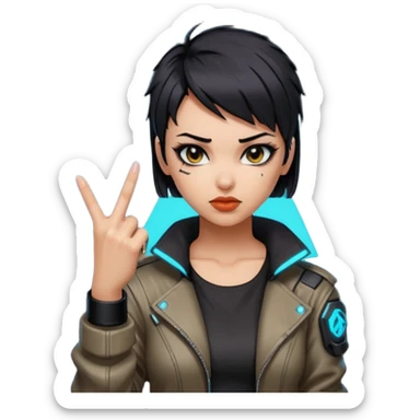 Woman with her tongue out in cyberpunk clothing and giving the middle finger. Looking naughty. sticker