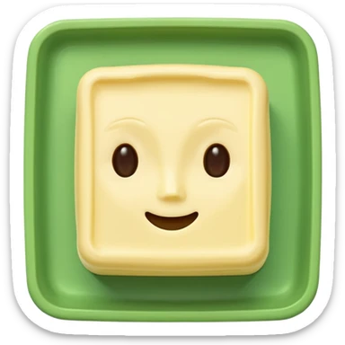 A 3D cartoon butter block identical to dairy butter, subtle green plate or tone difference, Memoji-style sticker