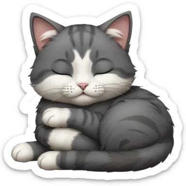 dark grey and white small cat with closed eyes, leaning his head on his paw while leaning on his elbow lying down sticker