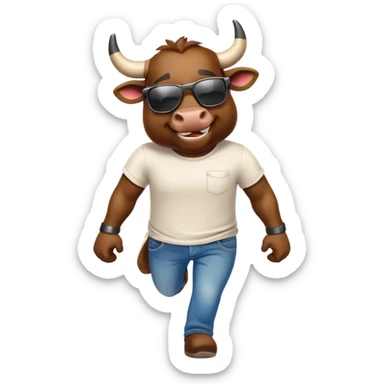 smiling bull character in jeans, t-shirt, and sunglasses, walking quickly sticker