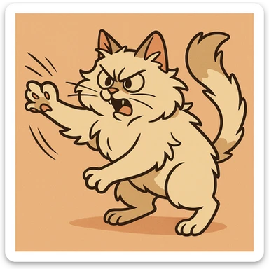 a fluffy cat swatting at something, dynamic pose, cartoon style sticker