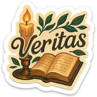 sticker with the Latin phrase 'Veritas' in handwritten script, surrounded by vintage candle, open book, and subtle forest leaves, soft textured dark academia and cottagecore style, warm muted tones, torn paper and ink drawing details sticker