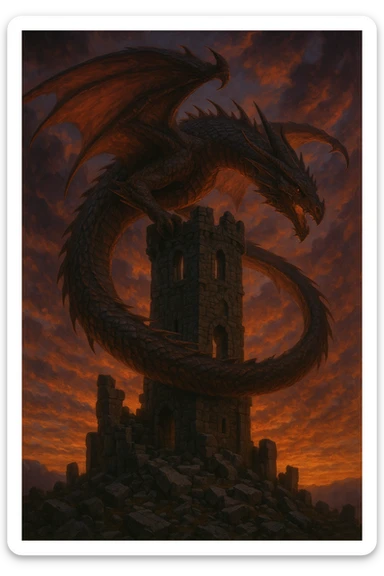 dragon circling a ruined tower at sunset, dramatic fantasy style sticker