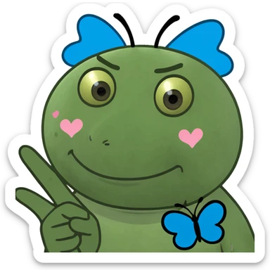 An emoji with large, pleading eyes, a pouting expression, making a peace sign gesture, with a blue butterfly above its head and small blue hearts near its temples sticker