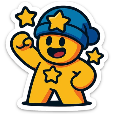 meeple character inspired by Brawl Stars, with star-shaped accessories, animated, fun sticker
