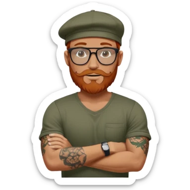Muscular looking red headed man with beard and rayban glasses wearing a scally cap with sleeve tattoos sticker