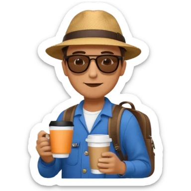 man with cup of coffee and backpack on the back. Eiffel tower on the background sticker