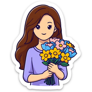 cool girl with long brown hair and fair skin holding a bouquet of flowers, stylish sticker