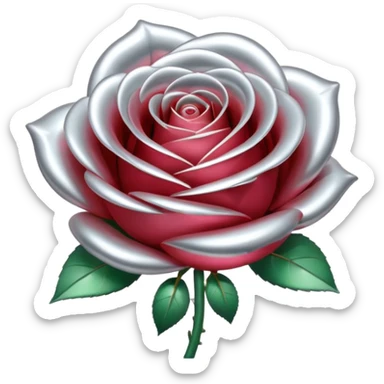 A rose emoji made of liquid silver metal, smooth metallic petals, reflective chrome surface, soft gradients, elegant shape, minimalistic iOS emoji style, centered, clean white background, realistic highlights, no text sticker