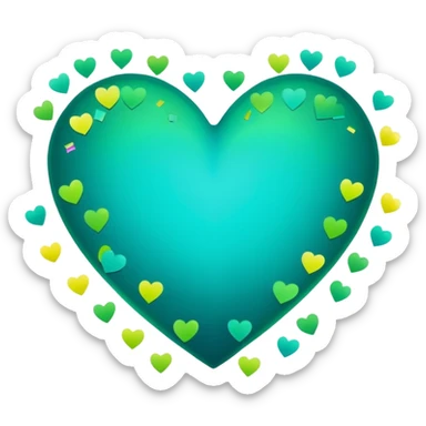 emoji: teal and neon green gradient heart with NYE celebration confetti from behind. sticker