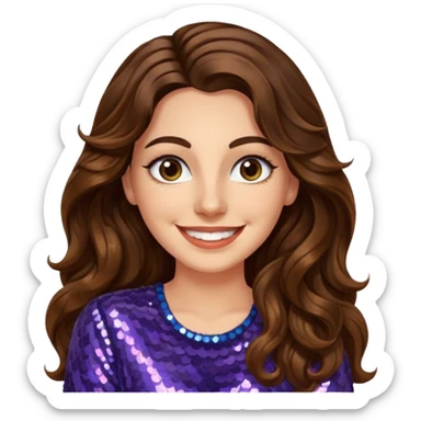 30 yr old italian woman, long brown wavy hair, big brown eyes, huge smile, sequin shirt, no bangs,  sticker