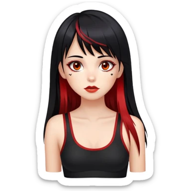 Girl. hazel eyes. Black hair with red long bangs highlights and red perk-a-boo underlights. Medium long hair. black strap crop top. birthmark under the lips on the left. Skinny face. sticker