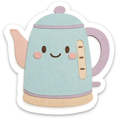 chibi electric kettle, full body, smiling face, pastel tones, hand-drawn style sticker