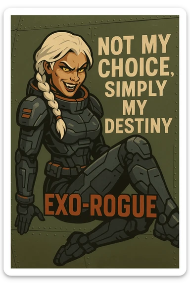 a retro military pinup fuselage decoration for the motto " not my choice, simply my destiny "
; female figure, white hair 1 braid, gold yellow eyes, spacer, fierce, exo-rogue, menacing yet taunting sticker
