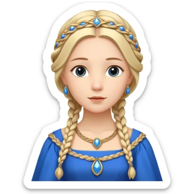 An emoji portrait of a medieval European princess. She wears a long-sleeved bliaut dress in a vibrant blue color, with a delicate golden circlet on her head. Her hair is braided in long tresses, and her expression is gentle and pious. sticker