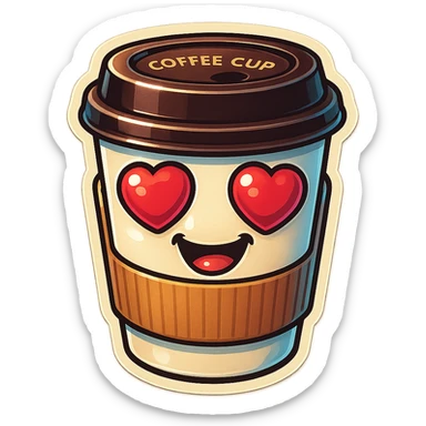 Ink wash style, coffee cup creature, big heart eyes, dopey smile sticker