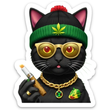 A black cat wearing the deal with it shades and a rasta beanie and smoking a joint and wearing a gold chain that says 420 sticker