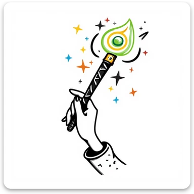 hand holding a magical wand with colorful glowing light around it sticker