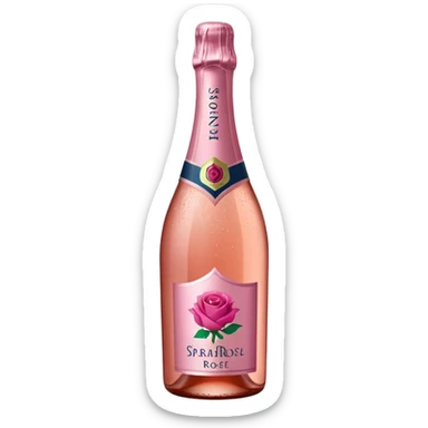 bottle of sparkling rosé with a rose logo on the label, angled to the left, no glass sticker