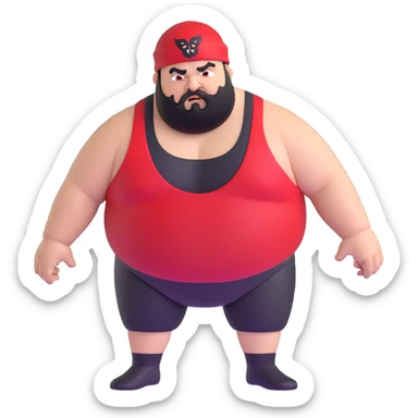 Extreme close-up of face of morbidly obese white skin guy with young face, prominent BLACK DURAG tied clearly on head, distinct black beard and mustache, black eyes in a red and black wrestling singlet with angry expression sticker