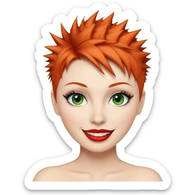 Short spikey Ginger hair, green eyes, black long eye lashes large red lips White woman happy sticker