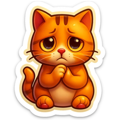 Bring the cat's paws up so they are touching each other just below the chin. Make the face look even sadder, with more expressive disappointment. Keep the style and transparent background. sticker