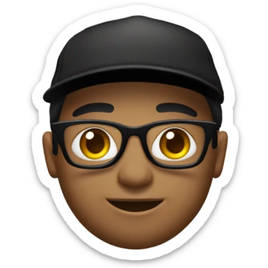 Un chico de piel natural con gorra negra, cabello negro, lentes y una remera negra con mangas cortas sticker