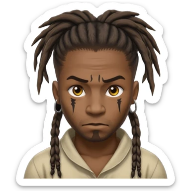 
1 black man, fierce face, scar on face, dreadlock hair tied back emoji
 sticker