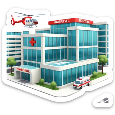 3d hospital outside, with text hospital, ambulance, helicopter sticker
