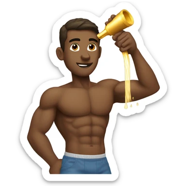 Shirtless gym bro spraying gold water from a fire hose sticker