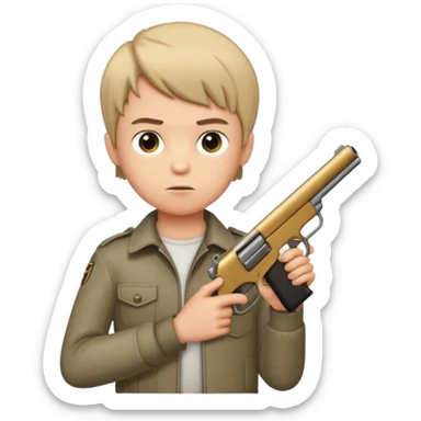 boy with an Edgar haircut holding a gun, facing forward sticker