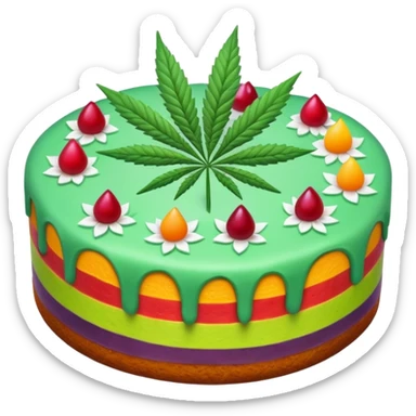 colorful frosted fruit cake with cannabis leaf sticker