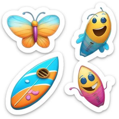 A surfboard Cartoon Blue and orange smiling with butterfly and and mikrophone Cartoon Blue and pink sin with buttefly sticker