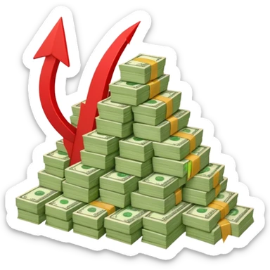 a pile of money with red arrow up sticker