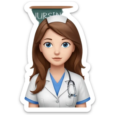 university classroom that says nursing school on the board with a pretty female nursing student with long brown hair, blue eyes sticker