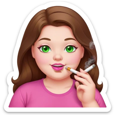 chubby white skinned girl with green eyes and long brown hair smoking a white joint smiling in a pink t-shirt with pink lips sticker